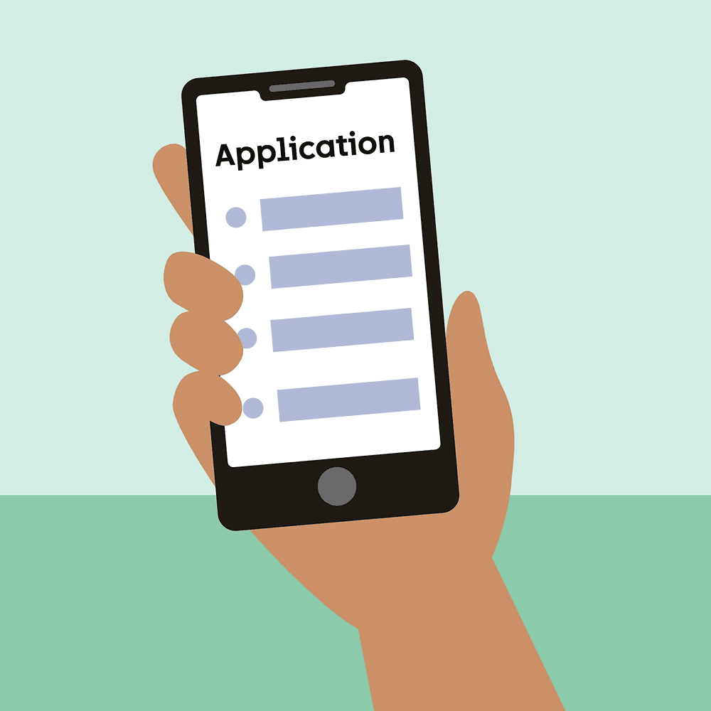 Illustration of a hand holding a mobile phone showing an application form.