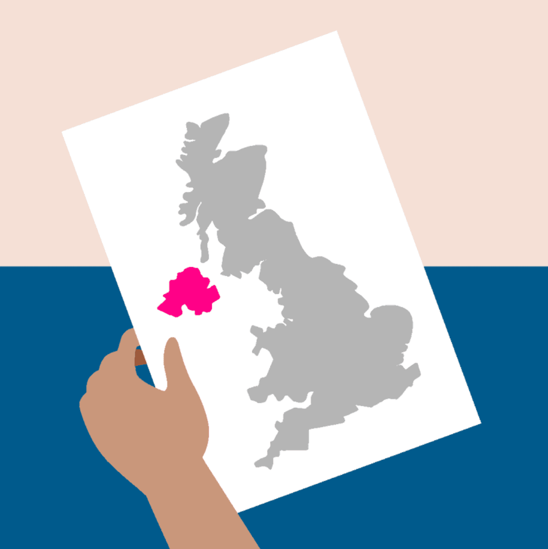 A graphic showing a hand holding a report with a picture of the United Kingdom on with Northern Ireland highlighted.