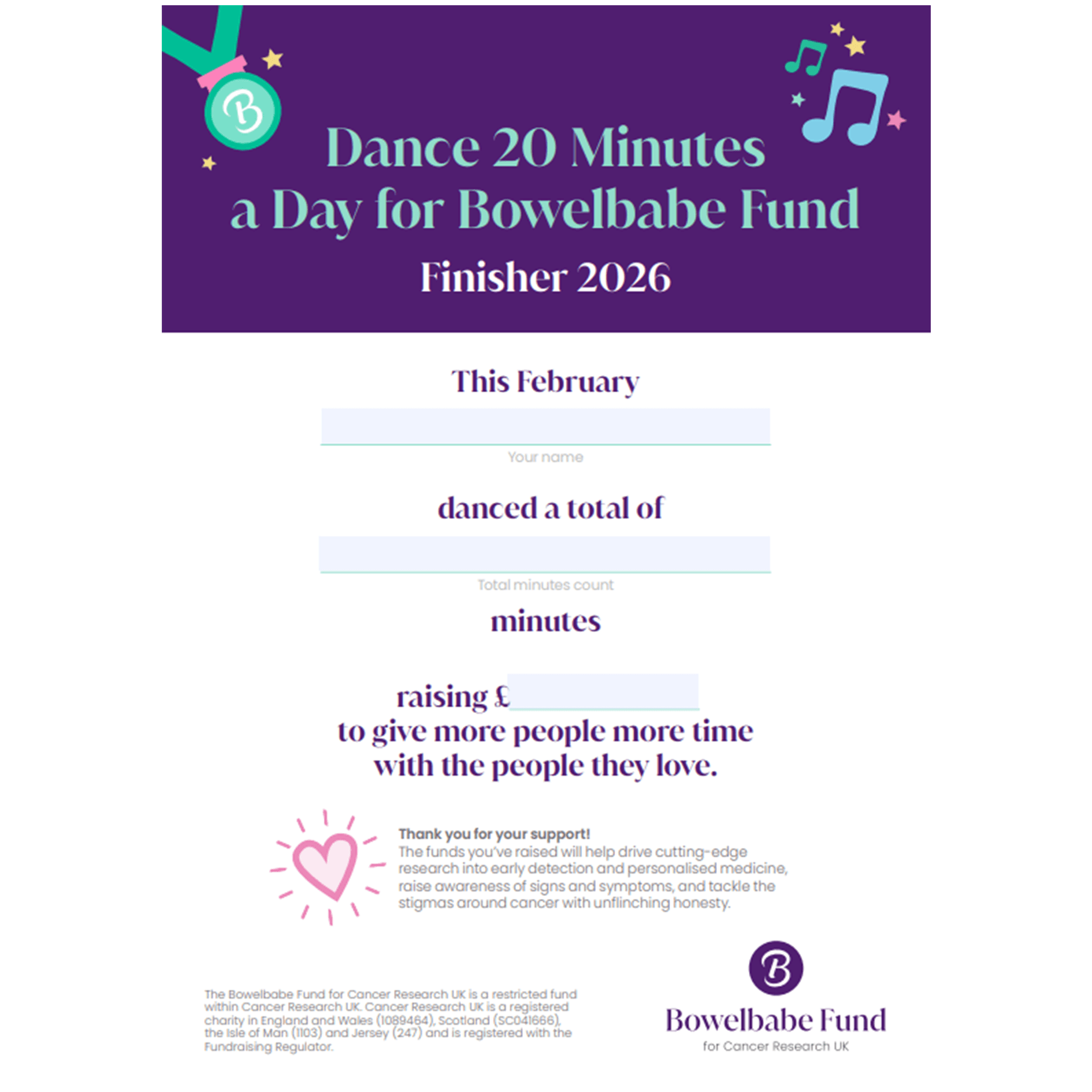 Challenge certificate with spaces to add name, total minutes danced, and amount raised. There is also a thank you message.