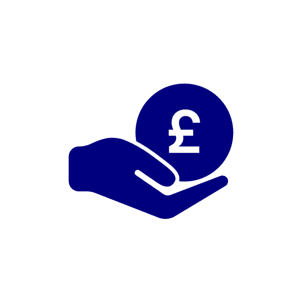 A navy icon of a hand holding a circle with the pound sign.