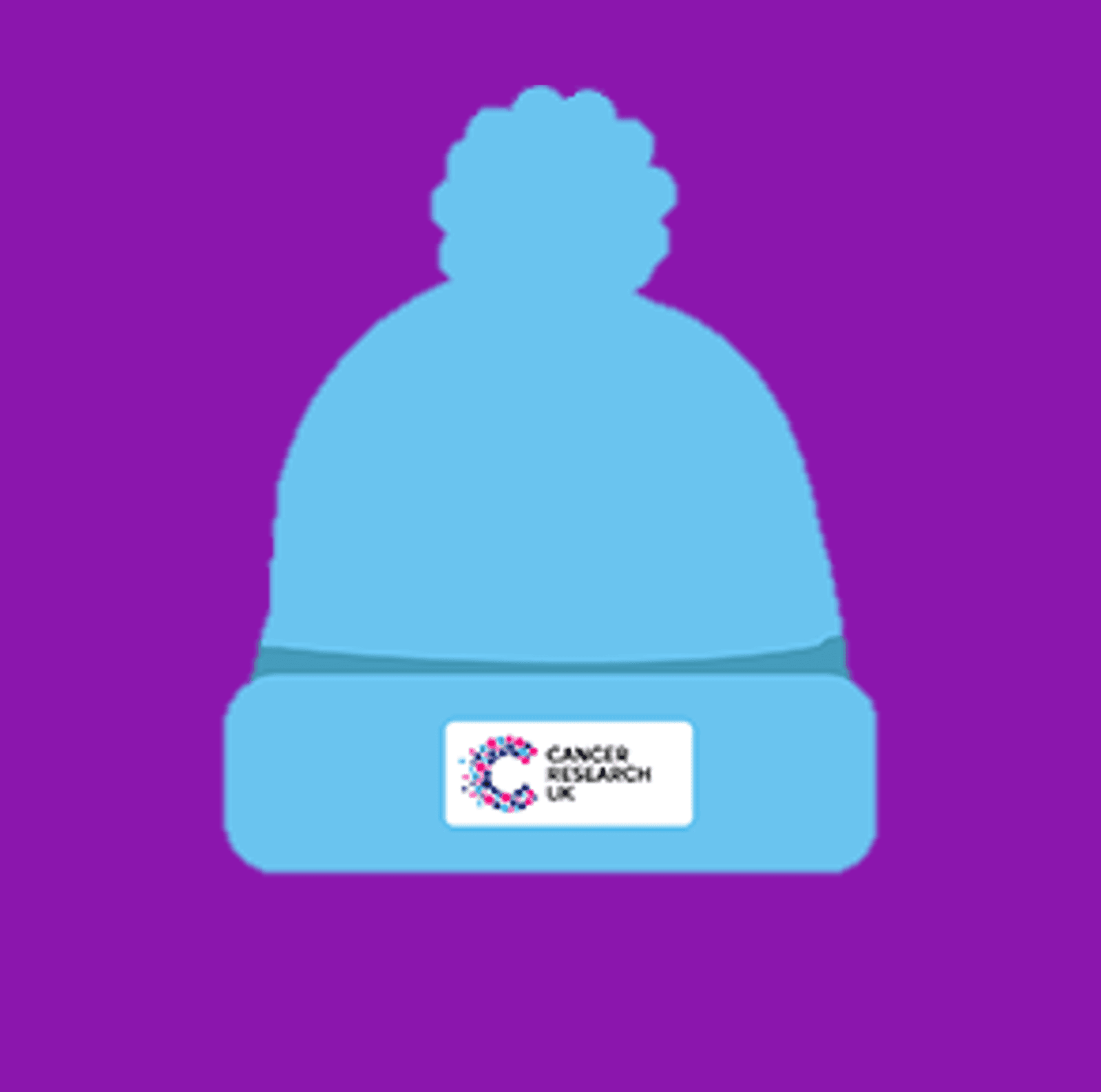 An illustration of a blue CRUK bobble hat against a purple background.
