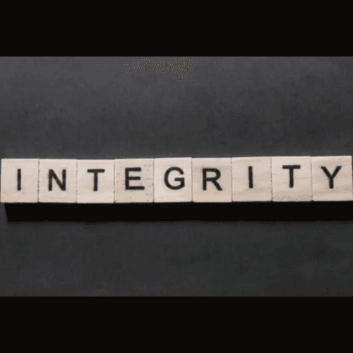 Integrity spelled out with scrabble letters.