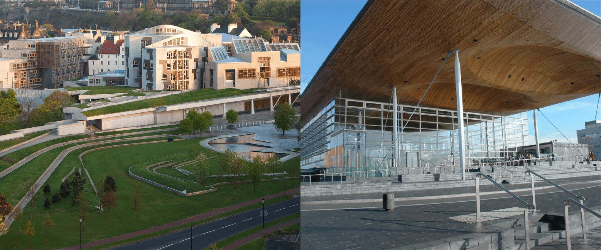 A split frame image with Holyrood, Scotland on the left and the Senedd, Wales on the right.