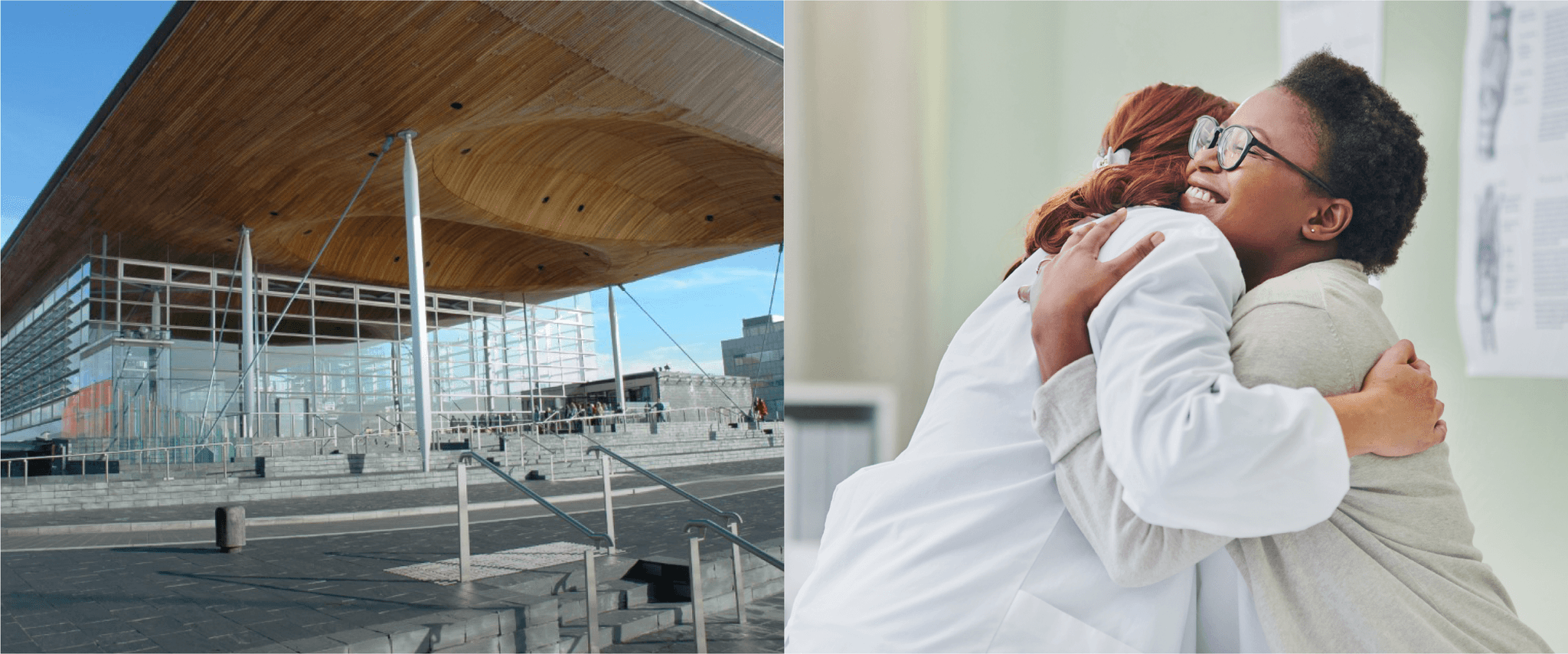 A split screen image with the Senedd, Wales on the left and a doctor and a patient hugging on the right.