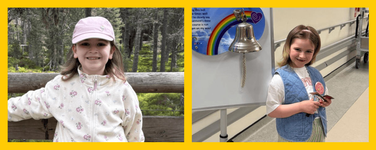 Two photos of Holly, a photo of her during her time undergoing treatment and a photo of her with a cake on her 10th birthday.