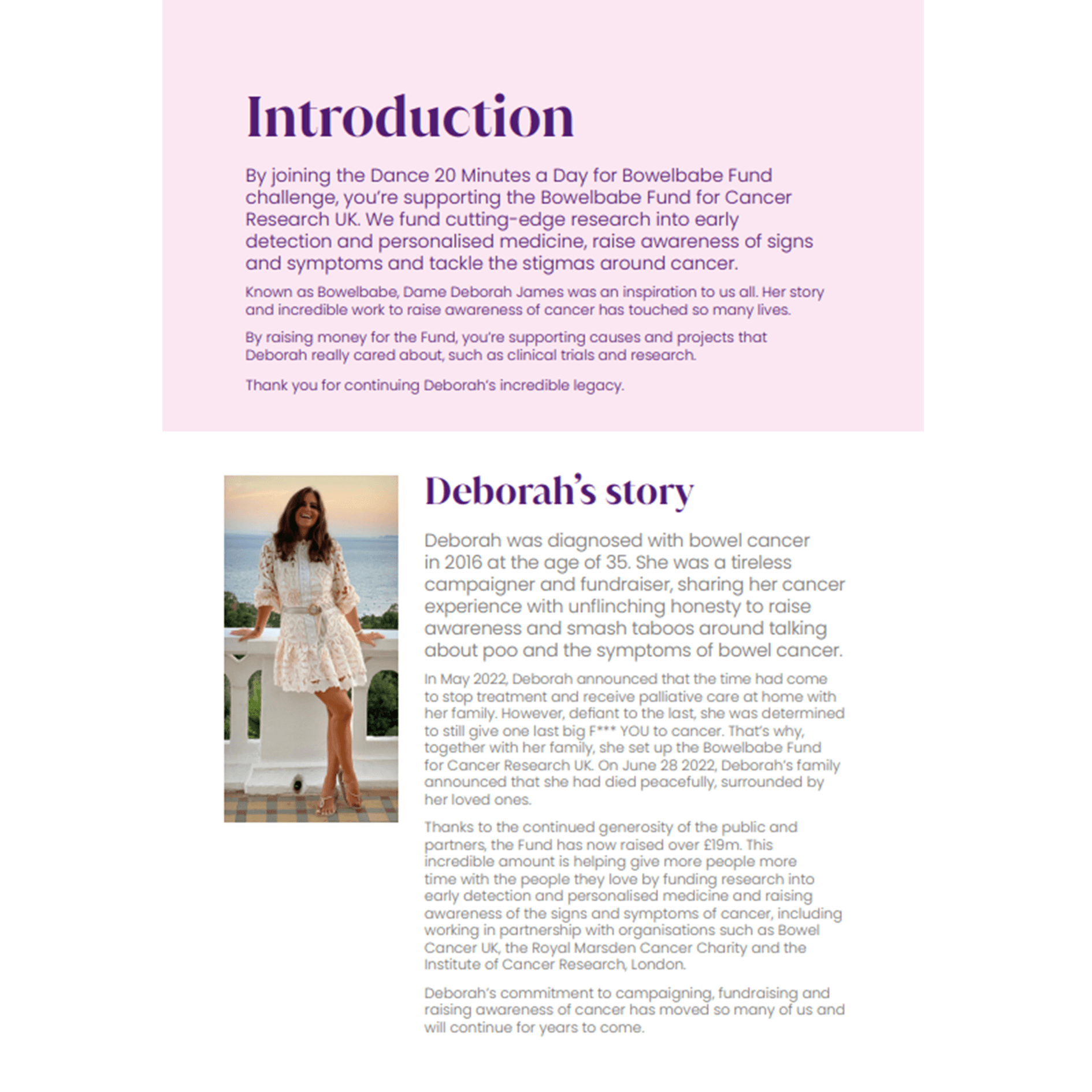 Page with introduction to Bowelbabe Fund dance challenge and Deborah’s story, featuring photo of her in a white dress.