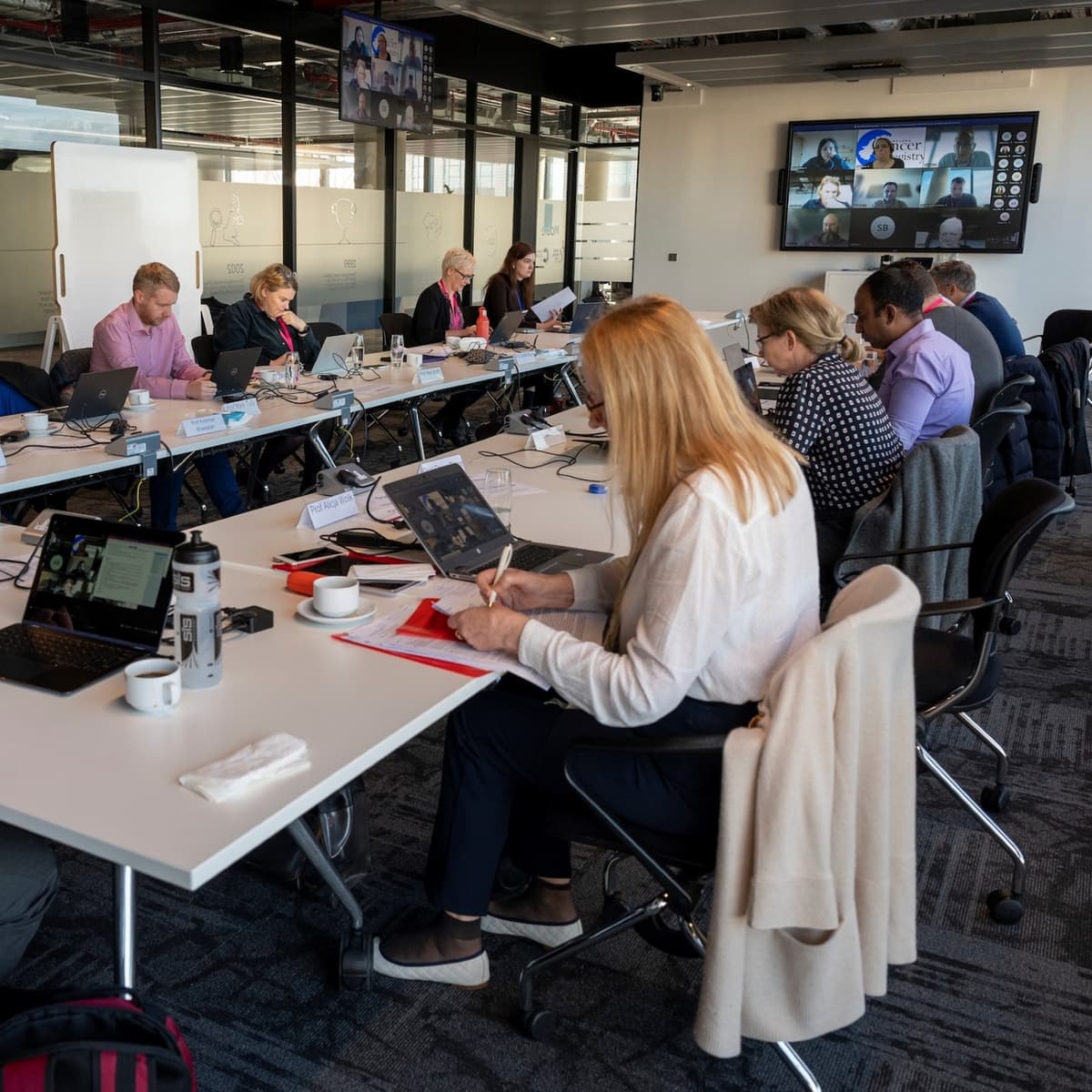 Eleven people sat around a rectangular desk at panel meeting.