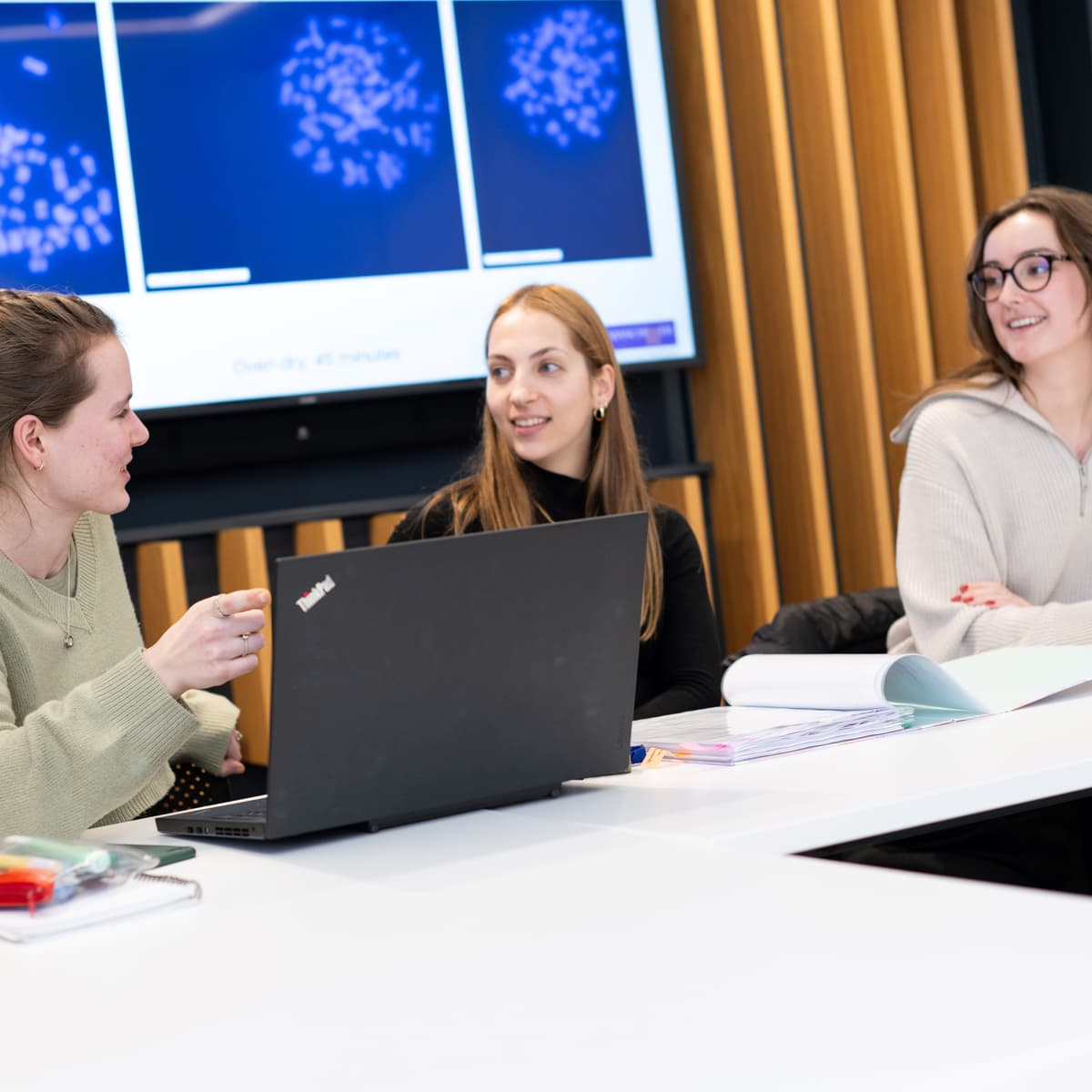Researchers engaged in a discussion in a conference room.