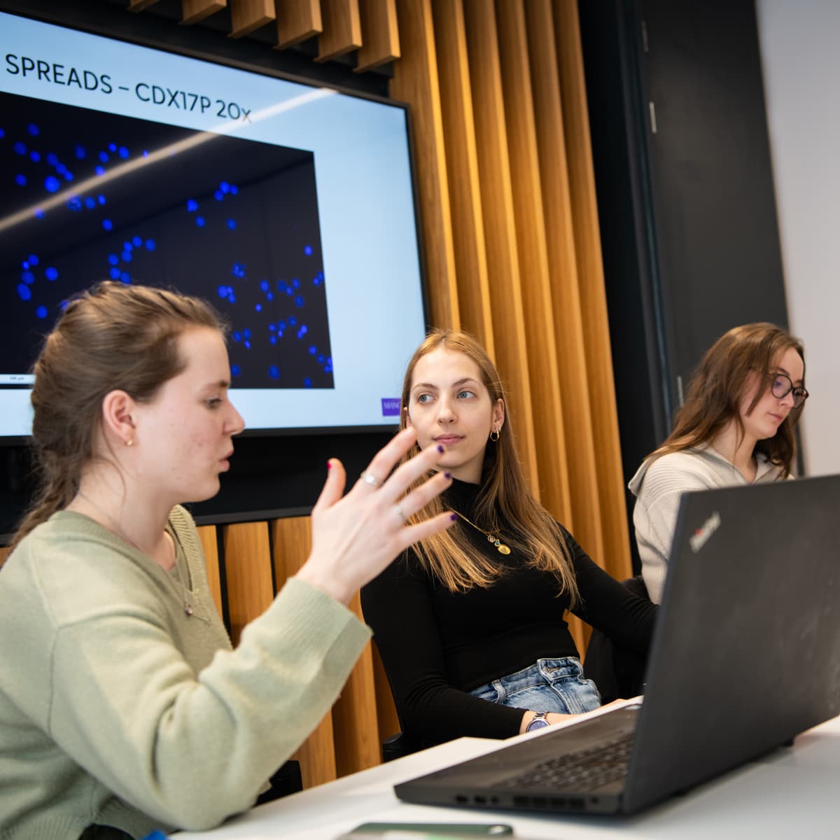 Researchers engaged in group discussion.
