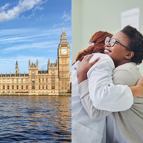A photo of the the Houses of Parliament on the left side and a photo of a doctor hugging a patient. The patient is smiling.