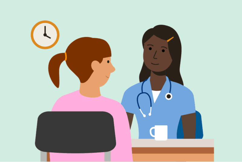Illustration of a cancer nurse talking to a patient.