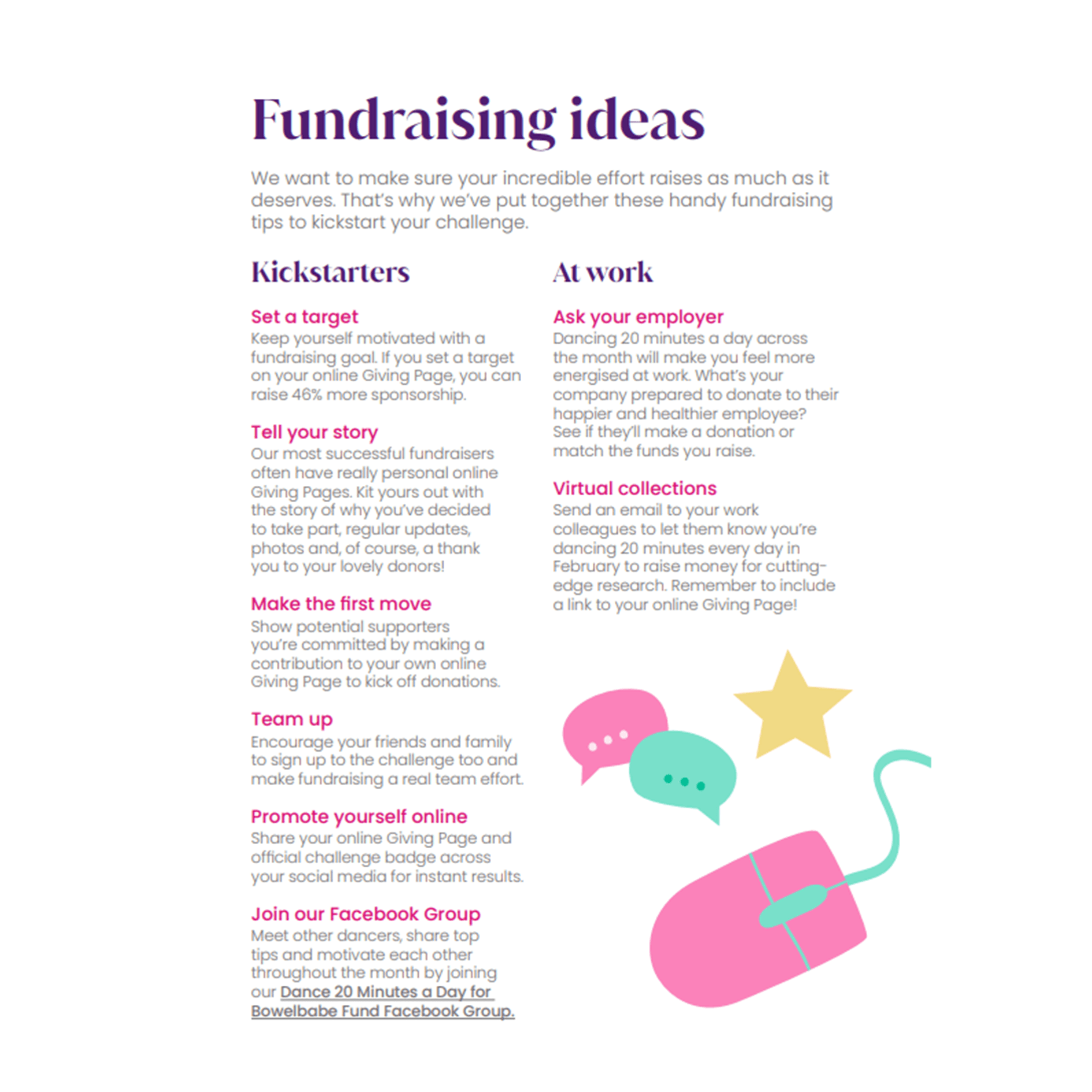Page titled ‘Fundraising ideas’ with tips for kickstarters and workplace fundraising, and colourful illustrations.
