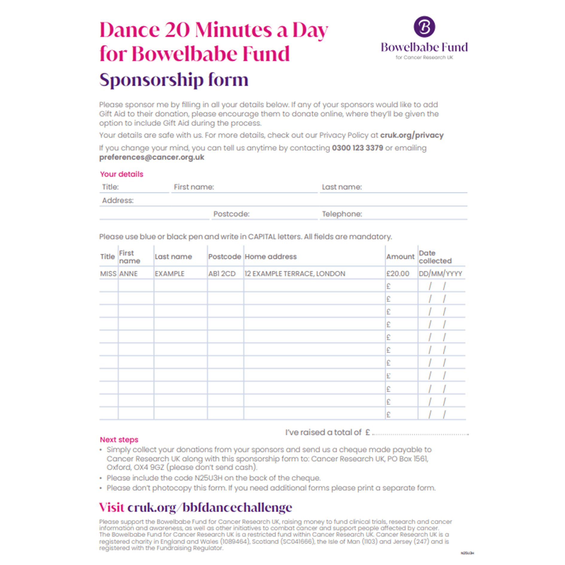 ‘Sponsorship form’ page with sections for personal details, sponsor names, amounts, and next steps for sending donations.