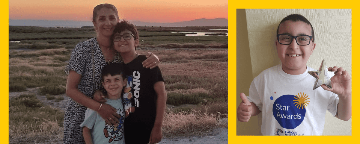 Mikail and his family are on the left-hand side. Image of Mikai holding a star award on the right hand side.