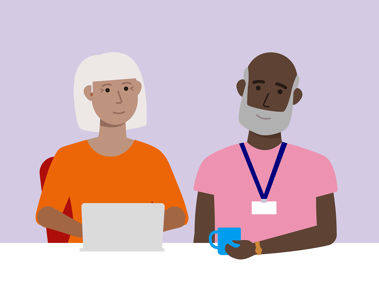 Illustration of a man and woman sat in front of a laptop.