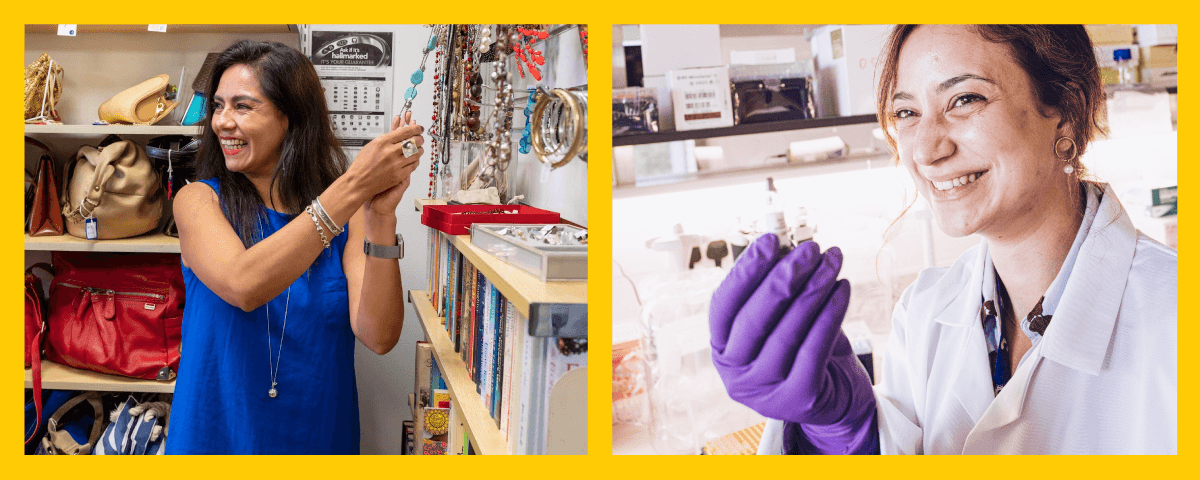 A photo of a volunteer and a researcher smiling.